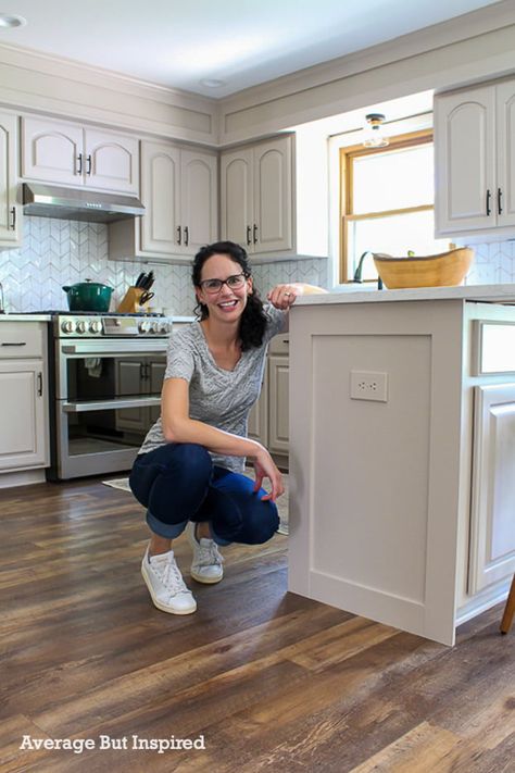 Transform Cabinet Doors To Shaker, Cabinet Cover Panel, End Cabinet Trim, Diy Lowes Cabinets, Upgrade Cabinet Ends, Kitchen Island Cabinet Doors, Trim Around Cabinet Base, Lower Cabinet Trim, Finishing End Of Kitchen Cabinets