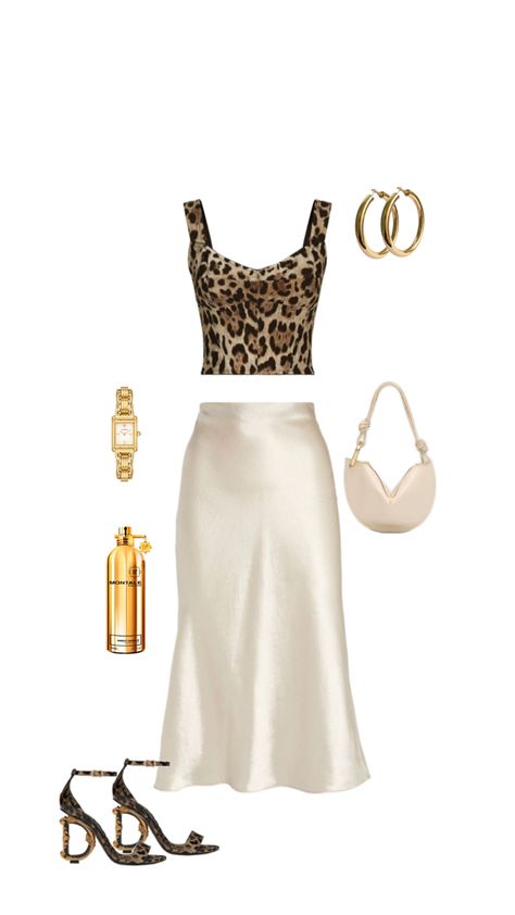 Classy outfit, satin cream white maxi skirt, leopard print top, summer outfit, Dior leopard strap heels, gold hoops, white purse, Montale sweet vanilla perfume, fragrance, gold watch White And Gold Outfits Classy, Maxi Skirt Outfit Summer, Leopard Maxi Skirts, Satin Skirt Outfit, Skirt Outfit Summer, White Maxi Skirt, Classy Summer Outfits, Vanilla Perfume, White Maxi Skirts