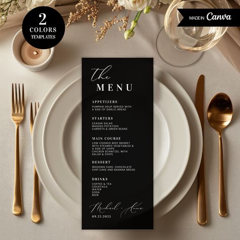 Elegant Black and White Menu Card Template 3.75"x 9" CUSTOMIZABLE CANVA TEMPLATE INSTANT DIGITAL TEMPLATE  Create a stunning dining experience for your guests with our Elegant Menu Card Template! Perfect for weddings, baby showers, bridal showers, engagements, and other sophisticated events, this customizable template will showcase your menu in style. Product Details: ⇨ Instant Download: Receive your template immediately after purchase. ⇨ Fully Editable: Customize the text, colors, fonts, and gr Luxury Wedding Menu Cards, Menu Card For Wedding, Menu Cards For Wedding, Black Menu Card, Menu Wedding Cards, Dinner Menu Design, Menu Cards Wedding, Wedding Menu Ideas, Dinner Menu Template