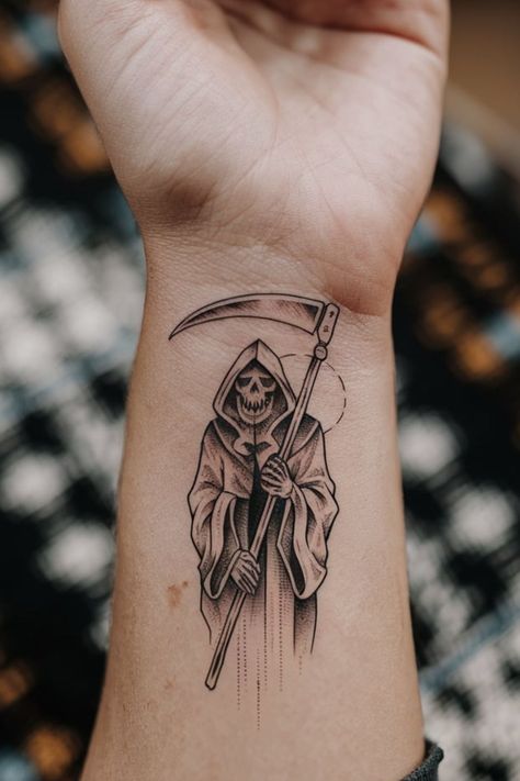 Dark & Mysterious Grim Reaper Halloween Tattoo Ideas Tattoo Ideas For Men Horror, Grim Reaper Small Tattoo, Female Grim Reaper Tattoo, Grim Reaper Tattoo Ideas, Reaper Tattoo Ideas, Female Grim Reaper, Halloween Tattoo Ideas, Grim Reaper Halloween, Grim Reaper Tattoo