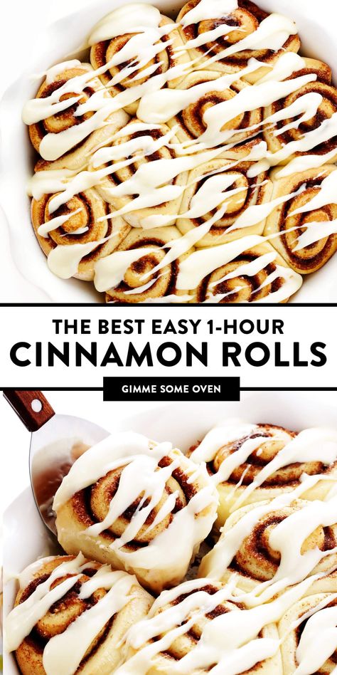 This 1-Hour Cinnamon Roll recipe is easy to make, perfectly soft and flavorful, and topped with the most heavenly cream cheese frosting. It's the perfect treat for breakfast or brunch, and always a crowd fave! | gimmesomeoven.com #cinnamonrolls #breakfast #brunch #sweets #creamcheese #icing #frosting #baking 1 Hour Cinnamon Rolls, Easy Cinnamon Rolls Recipe, Cinnamon Roll Recipe, Cinnamon Rolls Easy, Gimme Some Oven, Breakfast Sweets, Traditional Recipes, Delicious Cream, Holiday Meal