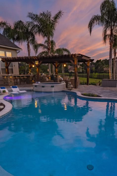 Backyard build, luxury backyard, cabana, lanai, pergola, outdoor kitchen, pool, luxury pool, Jacksonville, Duval, pool view, fire pit Mansion Pool Backyards, Backyard Pool And Patio Ideas Modern, Big Inground Pool, Swimming Pool In Backyard, Big Swimming Pools Backyard, Biggest Pool In The World, Big Pool Designs, Backyard Pool Setup, Backyard Inspo With Pool