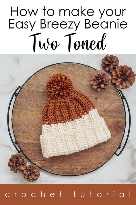 Easy Breezy Ribbed Beanie, Two Toned Crochet Hat, Two Color Crochet Beanie Pattern Free, Two Tone Beanie Crochet Pattern, Fall Crochet Beanies, Color Block Beanie Crochet, Multi Color Crochet Beanie Pattern, Crochet Hat 2 Colors, Crochet Fall Beanie Free Pattern