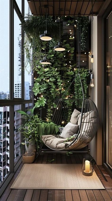 Balcony Chill Out Ideas, Balcony Plants Decor, Balcony Furniture Layout, Varanda Ideas, Balcony Plants Ideas, Balcony Furniture Ideas, Balcony With Plants, Modern Balcony Design, Modern Balcony Ideas