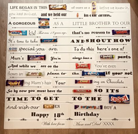 18th birthday chocolate story board. Chocolate lovers gift. Unique chocolate story gift. Birthday candy card. 18th Birthday Notes, Birthday Chocolate Bar Card, Chocolate Board, Chocolate Lovers Gift, Candy Card, Chocolate Bar Card, Chocolate Card, Bar Card, Birthday Chocolate