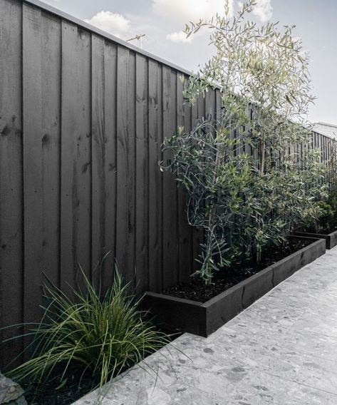 Black Garden Walls, Black Fence Front Yard, Mcm Fence, Black Fences, Black Garden Fence, Beautiful Gardens Landscape, Black Fence, House Fence Design, Front Fence