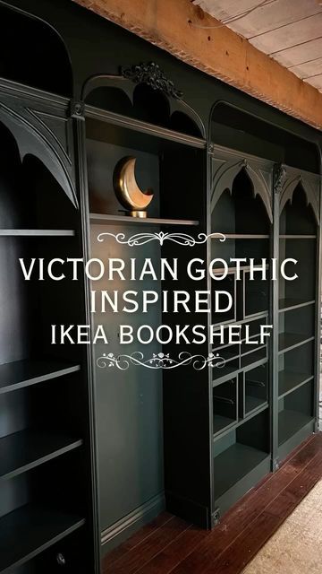 Gothic Shelving, Billy Bookshelf Hack, Ikea Billy Bookshelf, Bookshelf Hack, Ikea Bookshelf, Dark Academia Home, Bookshelf Makeover, Billy Ikea, Goth House