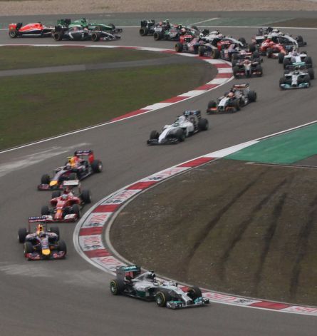 Lewis Hamilton leads them into Turn One @ the 2014 FORMULA 1™ UBS CHINESE GRAND PRIX #F1 Chinese Grand Prix, Lewis Hamilton, Baseball Field, Grand Prix, Motorsport, Motion, Turn Ons