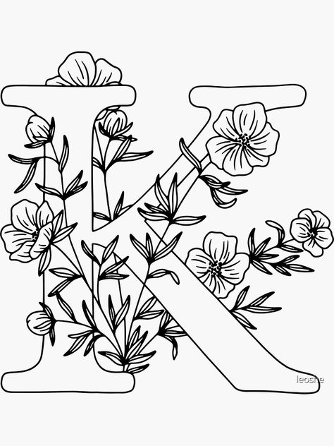 "K - Monogram Floral Botanical" Sticker by leoshe | Redbubble Flower Embroidery Designs Drawings, Hand Embroidery Patterns Free Printable Flowers, Floral Outline Drawing, Embroderie Patterns Free, Floral Embroidery Patterns Templates, Hand Embroidery Patterns Free Printable, Mickey Mouse Template, Embroidery Patterns Free Templates, Floral Design Drawing