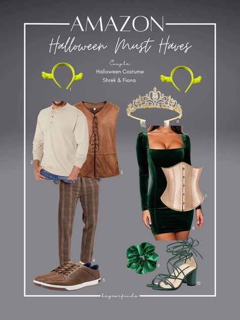 The ULTIMATE Guide to Amazon Halloween Costumes Must Haves! What’s your favorite thing about Halloween? Here are some of my favorite Amazon Halloween Costumes MUST HAVES! #amazon #amazonfinds #amazonmusthaves #amazonshopping #costume #seasonal #aesthetic #halloween #movie #shrek #fiona #inspo #giftideas #keysorfinds Fiona From Shrek Costume, Diy Shrek And Fiona Costume, Diy Fiona Costume Shrek, Lord Farquad And Fiona Costume, Shrek And Fiona Costume Couple, Halloween Costume Collage, Fantasia Shrek E Fiona, Shrek Movie Costumes, Shrek Couple Costume