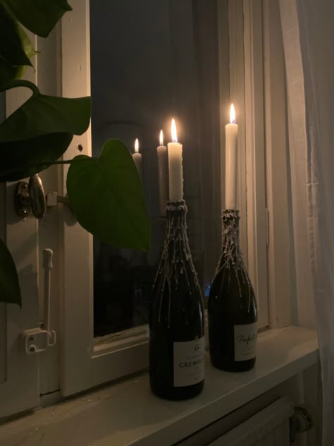 Wine Bottles Candles Holders, Wine Bottles Candles, Candle Wine Bottle Aesthetic, Candle In Wine Bottle Aesthetic, Wine Bottle Candles Aesthetic, Wine Bottles With Candles, Wine Candle Aesthetic, Winebottle Candleholder Aesthetic, Wine Bottles Aesthetic