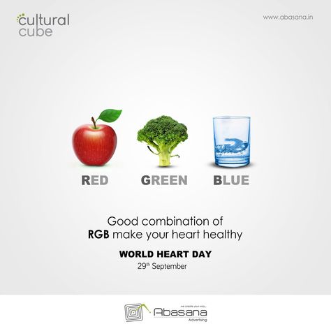 Good combination of RGB make your heart healthy WORLD HEART DAY #abasana #worldheartday #heart #rgb #apple #water #creativead #agency #design #creative #ad #socialpost #awareness #branding #designing #creativeagency www.abasana.in World Pharmacists Day Creative Ads, World Heart Day Creative Poster, World Heart Day Creatives, World Health Day Creative Poster, World Water Day Creative Ads, Heart Creative Ads, Health Poster Design Creative, Heart Day Creative Ads, World Heart Day Creative Ads