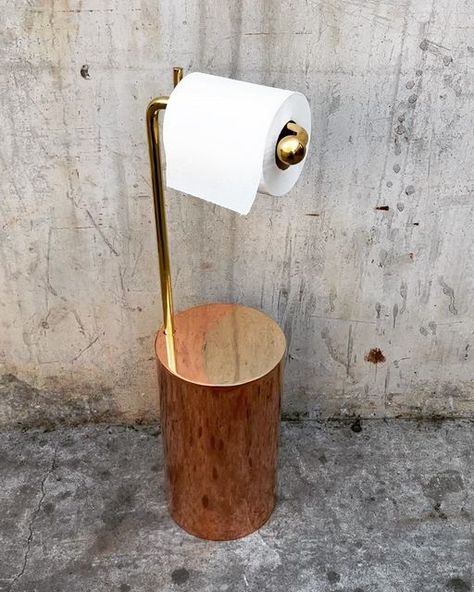 Martin De Winter on Instagram: "Couldn’t stand my toilet paper holder anymore. So I made one. On this project i mixed copper and brass, the second picture show how beautiful copper and brass marry each other… I polished it and I will let it be and watch it patina naturally.. . . . . #handmade #fabrication #design #object #furnituredesign #designer #welding #fusion" Fabrication Design, Design Object, Copper And Brass, Paper Holder, How Beautiful, Powder Room, Toilet Paper Holder, Toilet Paper, Picture Show