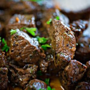 Marinated Steak Bites | i am baker Steak Bites Crockpot, Marinated Steak Bites, Tender Steak Bites, Balsamic Glazed Steak Rolls, Steak Marinades, Cheese Ball Bites, Steak Bites Recipe, Chopped Steak, Chimichurri Recipe