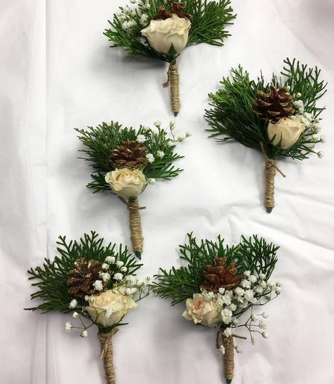 Simple Winter Wedding Boutonniere, Winter Greenery Boutonniere, Pine Needle Wedding Bouquet, Christmas Boutonniere, Winter Wedding Pinecones, Winter Wedding Flowers Bouquets White Pine Cones, Arbor Vitae, Christmas Winter Wedding, Pine Cone Wedding