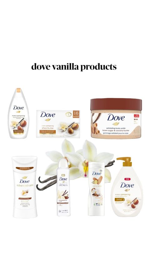 vanilla scented dove products. #dove #vanilla #vanillagirl Vanilla Scented Body Products, Dove Body Scrub Vanilla, Dove Vanilla Products, Dove Vanilla Shampoo, Dove Shower Routine, Vanilla Self Care Products, Vanilla Shower Routine, Viva Vanilla, Dove Vanilla