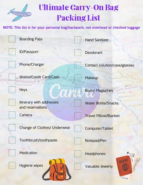 This listing is for a printable Ultimate Carry-on Bag Packing List. Lists everything you will need for a plane ride. Printed on a tan map background. PLEASE NOTE: This listing is for a digital product. Nothing physical is being shipped. Product created by me on Canva. Canva logo is removed on the download. PRODUCT DETAILS: -Print File on 8.5 x 11 size paper -This File is a PDF -This File is not editable -This item is available for personal use only. The item can not be used for commercial purpos Packing List For Carry On Bag, Plane Essentials, Bag Packing List, Stationery List, Contact Solution, Travel Planner Template, Hanukkah Crafts, Canva Logo, Packing List For Cruise