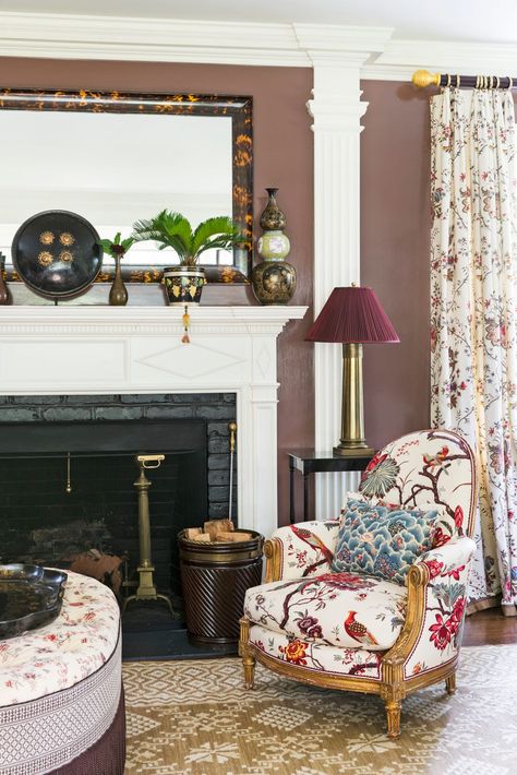 Floral Chair Living Room, Markham Roberts, Ashley Whittaker, Painting Rooms, Brown Paint Colors, New England Colonial, Living Room And Family Room, Veranda Magazine, Floral Chair