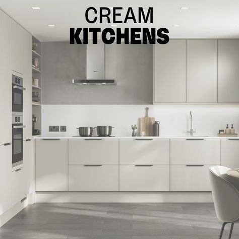 Cream Kitchen Inspiration, Howdens Hockley Super Matt, Cream Kitchen Ideas, Sandstone Kitchen, Howdens Hockley, Cream Kitchens, Modern Kitchen Handles, Modern Kitchen Cabinet Handles, Sleek Kitchen Design