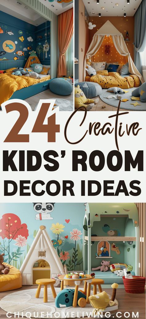 Looking to revamp your child's space? Discover these 24 creative kids' room decor ideas to inspire you! From playful themes to clever storage solutions, find the perfect ideas to create a fun and functional room your little ones will love. 🧸🌟 #KidsRoomDecor #ChildrensSpaces #HomeInspiration Children’s Bedroom Colour Ideas, Children’s Room Interior Design, Colourful Toddler Room, Boy And Girl Playroom Ideas, Play Room Kid Design, Themed Playroom Ideas, Diy Toddler Room Decor, Toddler Room Wall Ideas, Bedroom And Playroom Combo