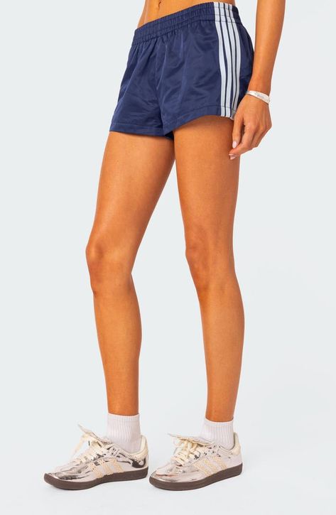 EDIKTED Nikki Stripe Nylon Shorts | Nordstrom Edikted Shorts, Athleisure Looks, Nylon Shorts, Quoi Porter, Skandinavian Fashion, Summer Lookbook, Navy Blue Shorts, T B, Lightweight Shorts