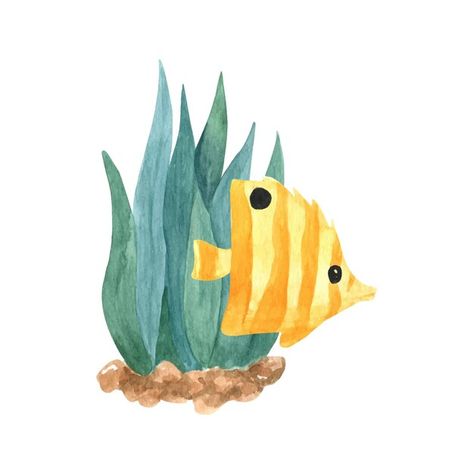 Ocean Fish Illustration, Tropical Fish Illustration, Ocean Life Drawings, Ocean Fish Drawing, Tropical Fish Drawing, Cute Fish Illustration, Alan Aesthetic, Seaweed Drawing, Cute Fish Drawing