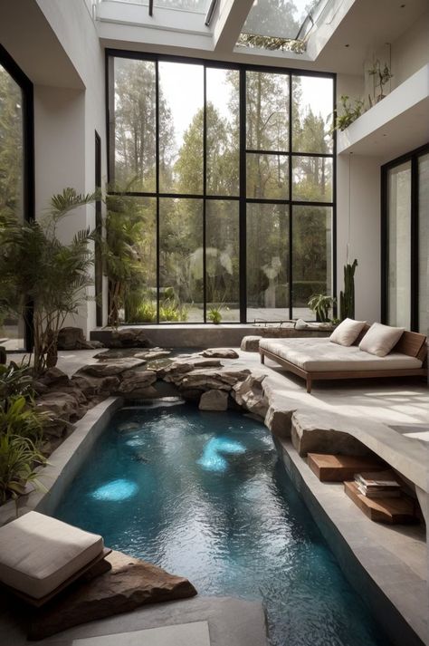 Indoor artificial lake surrounded by stylish home decor Home Luxury, Living Area, Oasis