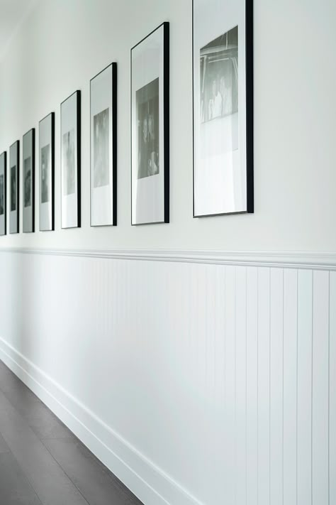 Hamptons West Coast - Intrim Mouldings Hamptons Photo Wall, Wainscoting Lounge Room, Hamptons Panelling, Hamptons Feature Wall, Painted Vj Panelling, Hampton Wall Panelling, Vj Panel Hallway, Classic Hamptons Style Interiors, Hamptons Wall Panelling