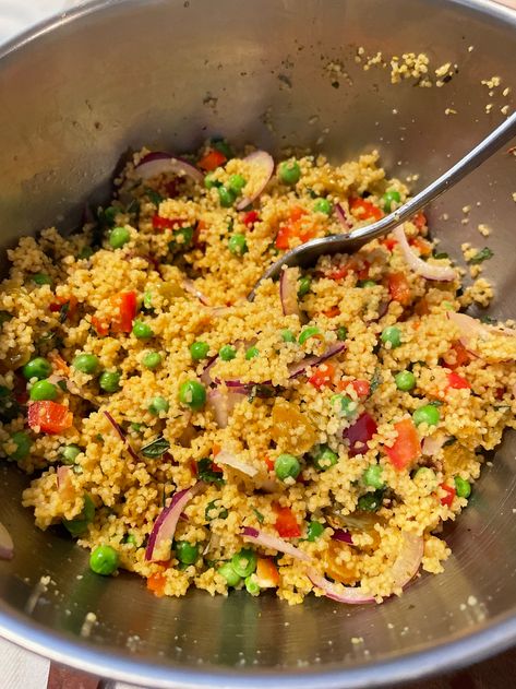 Curried Couscous Salad with Ginger-Lime Dressing | Kristin's Favorite Recipes Whole Wheat Couscous, Curried Couscous, Cilantro Dressing, Couscous Salad, Golden Raisins, Lime Dressing, Individual Servings, How To Cook Shrimp, Frozen Peas