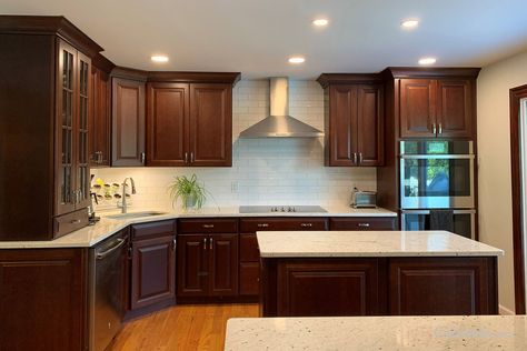 Traditional Kitchen with Cherry Java Raised Panel Cabinetry - Cabinets.com Traditional Kitchen Wood Cabinets, Kitchen Backsplash With Cherry Cabinets, Dark Cherry Wood Kitchen Cabinets, Kitchens With Cherry Cabinets, Kitchen With Brown Cabinets, Mahogany Kitchen Cabinets, Kitchen With Cherry Cabinets, Cherry Kitchen Cabinets, Brown Cabinets Kitchen