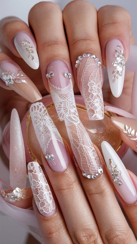 Discover stunning wedding nail designs perfect for your big day! 💅💖 From delicate lace patterns and soft pastel shades to sparkling rhinestones and floral motifs, these bridal nail ideas are sure to add a touch of elegance and romance to your wedding look. Whether you prefer glossy or matte finishes, these sophisticated and intricate designs will make your nails shine as bright as your love 🌸💎👰‍♀️      #nails #summerNails #nailDesign #nailDesigns #NailArt #weddingNails  #nailTips #nailsInsp Bridal Nail Ideas, Lace Wedding Nails, Wedding Nail Designs, Wedding Day Nails, Bridal Nail, Wedding Nail, Wedding Nails Design, Wedding Look, Bridal Nails