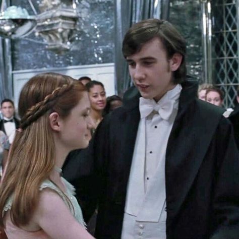 Ginny and Neville at the Yule Ball Neville Longbottom Actor, Ginny And Neville, Yule Ball Aesthetic, Ball Looks, Harry Potter Yule Ball, Harry Potter Neville, The Yule Ball, Harry Potter Ginny, Star Fire