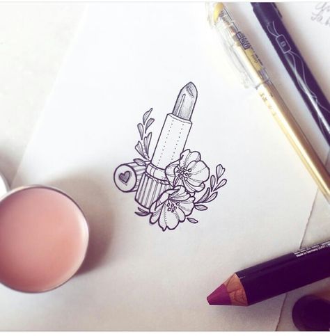 Tiny Lipstick Tattoo, Tube Of Lipstick Tattoo, Lipstick Tattoo Designs, Vintage Lipstick Tattoo, Makeup Tattoos For Women, Lipstick Tube Tattoo, Makeup Tattoo Ideas Girly, Make Up Tattoo Ideas, Lipstick Tattoo Ideas