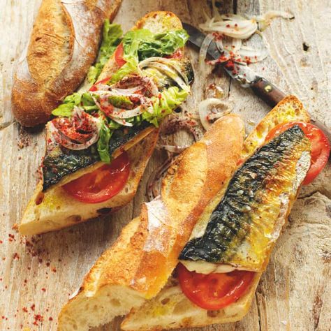 Rick Stein’s balık ekmek – griddled mackerel in a baguette with tomato, lettuce, onion, chilli and sumac | Food | The Guardian Sausage Egg Sandwich, Claire Ptak, Grilled Mackerel, Crab Sandwich, Dairy Farming, Best Sandwich Recipes, Rick Stein, Best Sandwiches, Crispy Shallots