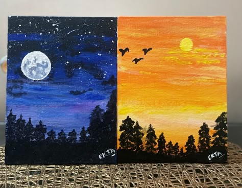 Day Night Canvas Painting, Day And Night Scenery Drawing, Half Night Half Day Painting, Day And Night Canvas Painting, Day Vs Night Art, Half Sunset Half Night Painting, Day And Night Painting Ideas, Night And Day Drawing, Day To Night Painting