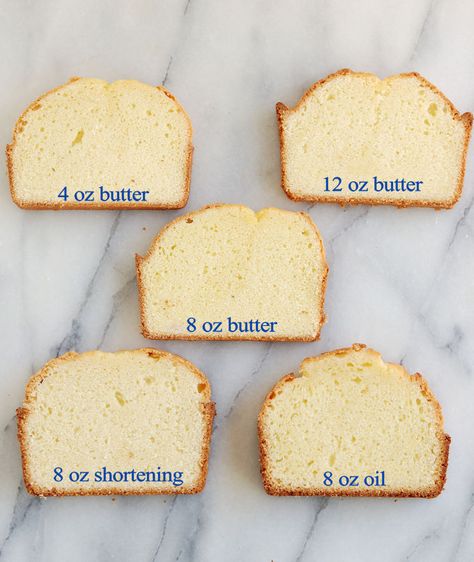 Five pounds cake baked with different fats Best Pound Cake Recipe, Baking School, Baking Science, Pound Cake Recipes, Butter Cake, Food Cakes, Cake Batter, Pound Cake, Let Them Eat Cake