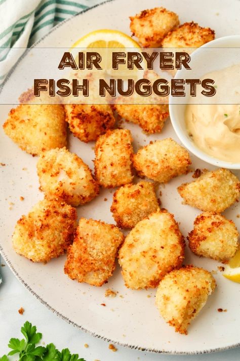 Deliciously flakey fish nuggets made right in your air fryer. These crunchy bites just might replace your kid's chicken nuggets all-together. via @cmpollak1 Pig Recipes, Sweet Peas And Saffron, Fish Nuggets, Air Fried Fish, Air Fryer Fish, Nuggets Recipe, Pan Dinners, Health Dinner, Baked Fish