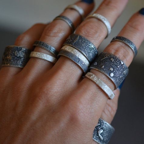 Rings – Lori Francescutti Silversmithing Jewelry, White Look, Stacker Rings, Metalsmithing Jewelry, Single Ring, Textured Ring, Recycled Silver, Jewelry Inspo, Ring Band