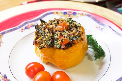 Festive Stuffed Peppers Jazzy Vegetarian, Stuffed Pepper Recipe, Vegan Stuffed Peppers, Quinoa Recipes Easy, Vegetarian Stuffed Peppers, Butternut Squash Sauce, Quinoa Stuffed Peppers, Family Supper, Pepper Recipe