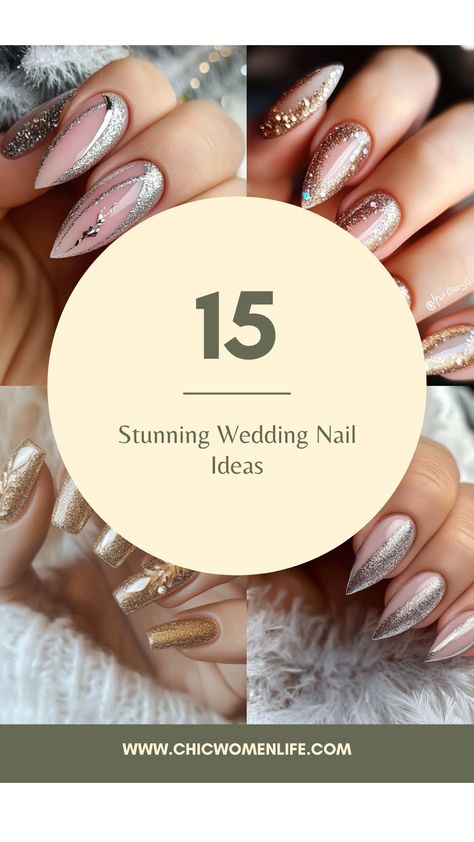 15 Stunning Wedding Nail Ideas Nails For Champagne Color Dress, Anniversary Nail Ideas, Unique Wedding Nails For Bride, Unique Wedding Nails, Wedding Guest Nails Ideas, Nails For The Bride, Wedding Gel Nails, Anniversary Nails, Wedding Nail Ideas