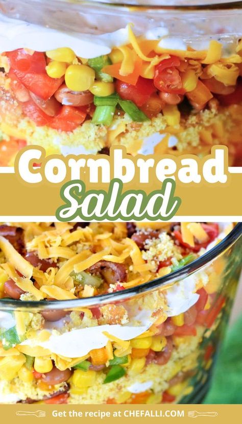 I’ve been making this southern cornbread salad for potlucks and parties for a good 15-20 years, but I still hear people say “Gosh, I’ve never even heard of a salad like that!” They always love it….after all, what’s not to love about cornbread, bacon, cheese, veggies, and Ranch dressing? Family Reunion Side Dishes Summer, Family Reunion Side Dishes, Southern Cornbread Salad, Summer Ingredients, Old Fashioned Cornbread, Family Reunion Food, Field Meals, Bacon Corn, Cornbread Salad