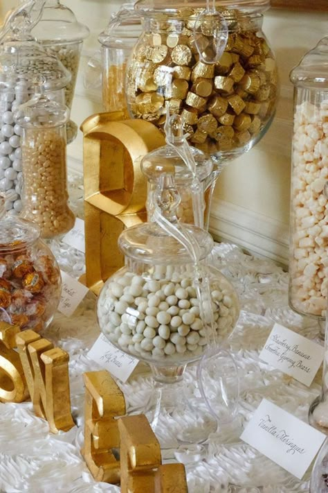 Sweets Table Wedding, 50th Wedding Anniversary Decorations, Gatsby Party Decorations, Golden Birthday Parties, 50th Wedding Anniversary Party, Wedding Anniversary Decorations, Gold Candy, 50th Anniversary Party, Golden Wedding Anniversary