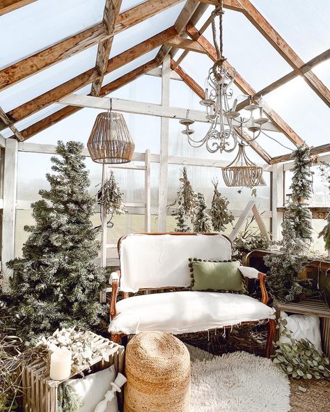 Outdoor Photoshoot Setup Ideas, Diy Greenhouse Photography Studio, Greenhouse Christmas Photos, Winter Mini Session, Christmas Greenhouse, White Greenhouse, Greenhouse Photography, How To Decorate For Christmas, Wonderland Decor