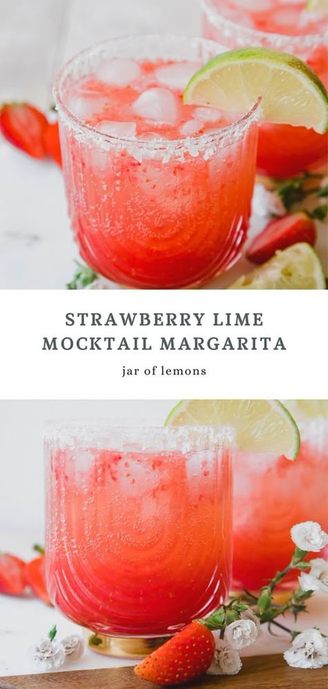 This Strawberry Lime Mocktail Margarita recipe is full of the best summer flavors! It’s refreshing and the perfect balance of sweet and tangy. Serve it over ice with a classic flaky salt rim for the ultimate healthy drink you’ll want to keep on repeat! Mocktail Margarita, Strawberry Mojito Mocktail, Margarita Mocktail Recipe, Summer Mocktail, Mocktail Drinks, Mojito Mocktail, Strawberry Mojito, Strawberry Lime, Drink Recipes Nonalcoholic