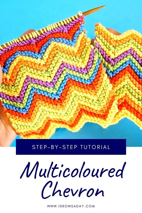 Step-by-step tutorial about a simple way to knit a multicoloured garter chevron stitch + three ways to deal with yarn tails. Knit Zigzag Pattern, Knit Chevron Scarf Free Pattern, Chevron Blanket Knitting Pattern, 10 Stitch Blanket, Knitted Heart Pattern, Knit Afghan, Pretty Blankets, Chevron Baby Blankets, Chevron Scarves