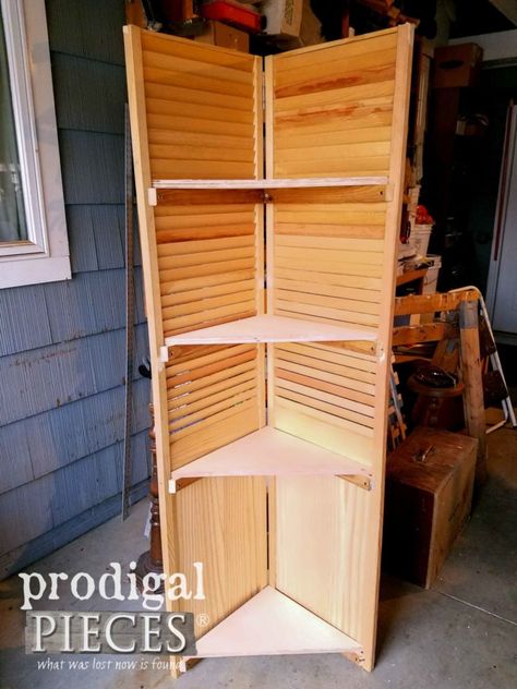 Building Corner Shelf from Upcycled Louver Doors by Larissa of Prodigal Pieces | prodigalpieces.com Louvered Door Ideas, Stacked Tile Backsplash, Corner Shelf Diy, Louvered Bifold Doors, Door Corner Shelves, Louver Door, Stacked Tile, Louver Doors, Tile Backsplash Ideas