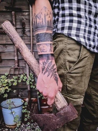 Lumberjack Tattoo, Mountain Sleeve Tattoo, Small Nature Tattoo, Tatto Sleeve, Camping Tattoo, Tree Tattoo Men, Forearm Tattoo Quotes, Sacred Tattoo, Viking Tattoo Sleeve