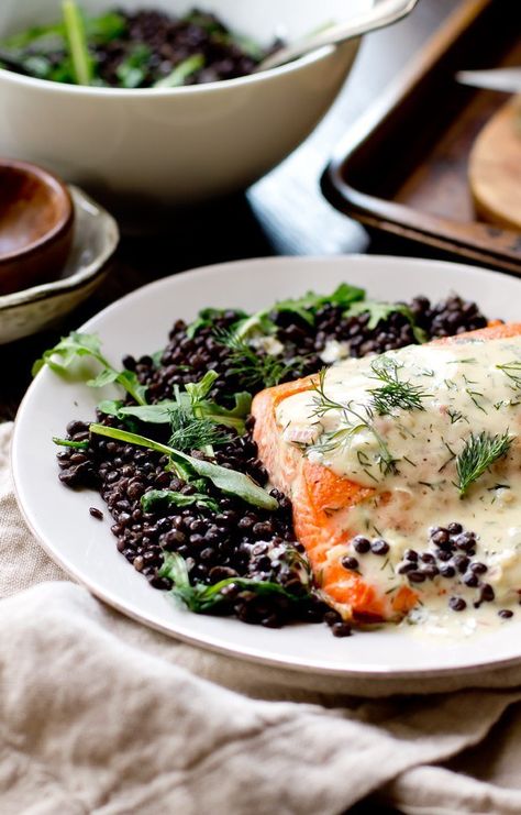 Salmon With Dill Sauce, Wilted Arugula, Salmon With Creamy Dill Sauce, Salmon With Dill, Dill Sauce For Salmon, Dill Salmon, Creamy Dill Sauce, Entree Dishes, Seafood Entrees