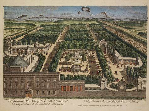 A General Prospect of Vaux Hall Gardens, by Johann Sebastian Muller (John Miller), Bowles & Carver, publisher. Late 18th c. Engraving, coloured by hand. An elevated view of Vauxhall Gardens from Kennington Lane. The gardens are lined with avenues of trees. On either side of the scene are covered booths and walkways. At the centre is a pavilion (the orchestra box). Vauxhall Gardens, English Pleasure, Georgian London, Regency London, Regency England, Castle Gardens, Georgette Heyer, Copper Engraving, London History