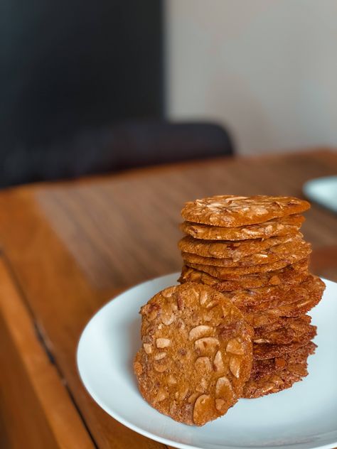 Brown Butter Almond Tuiles – Lizzy’s Sweet Kitchen Almond Tuile, Roll With Cream Cheese Filling, Sweet Kitchen, Baking Book, Pumpkin Roll, Almond Cookies, Cream Cheese Filling, Sliced Almonds, Brown Butter